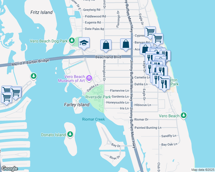 map of restaurants, bars, coffee shops, grocery stores, and more near 510 Dahlia Lane in Vero Beach