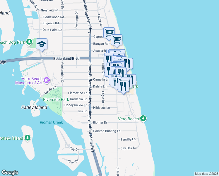 map of restaurants, bars, coffee shops, grocery stores, and more near 818 Dahlia Lane in Vero Beach