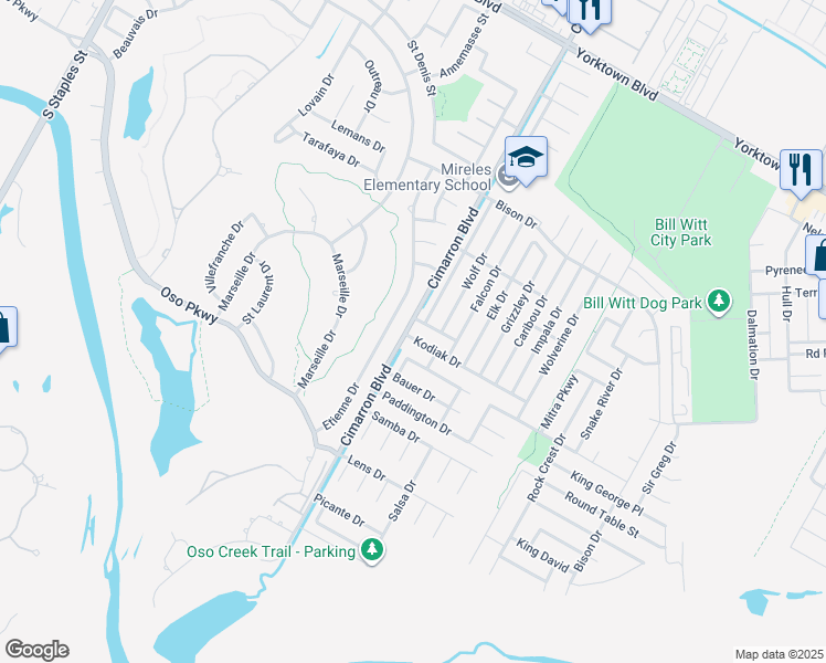 map of restaurants, bars, coffee shops, grocery stores, and more near 6502 Kodiak Dr in Corpus Christi