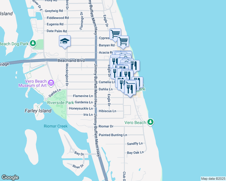 map of restaurants, bars, coffee shops, grocery stores, and more near 816 Dahlia Lane in Vero Beach