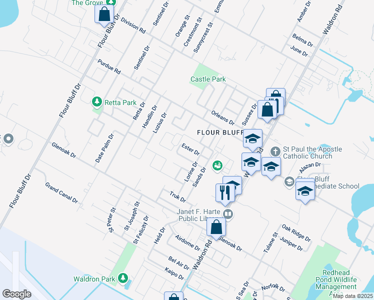 map of restaurants, bars, coffee shops, grocery stores, and more near 825 Ester Drive in Corpus Christi