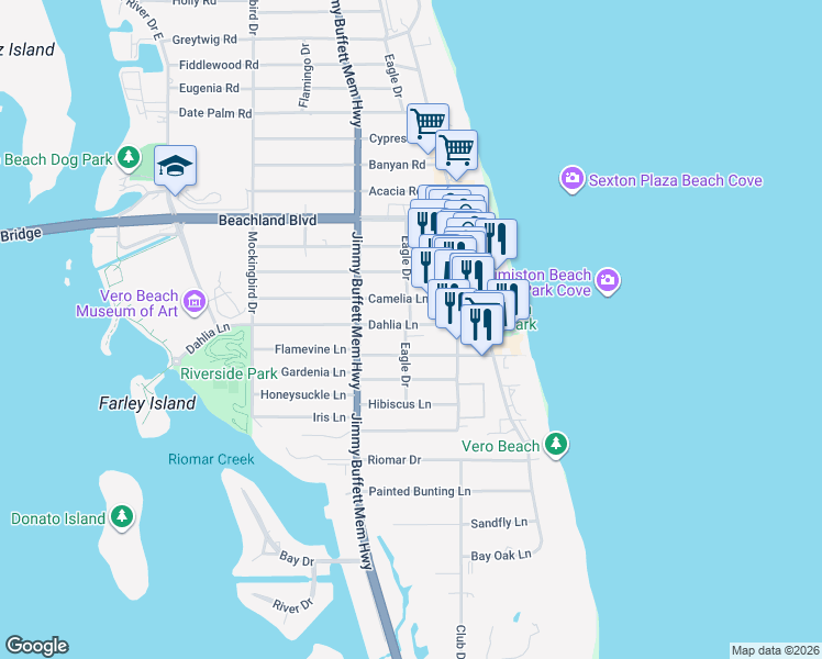 map of restaurants, bars, coffee shops, grocery stores, and more near 818 Dahlia Lane in Vero Beach