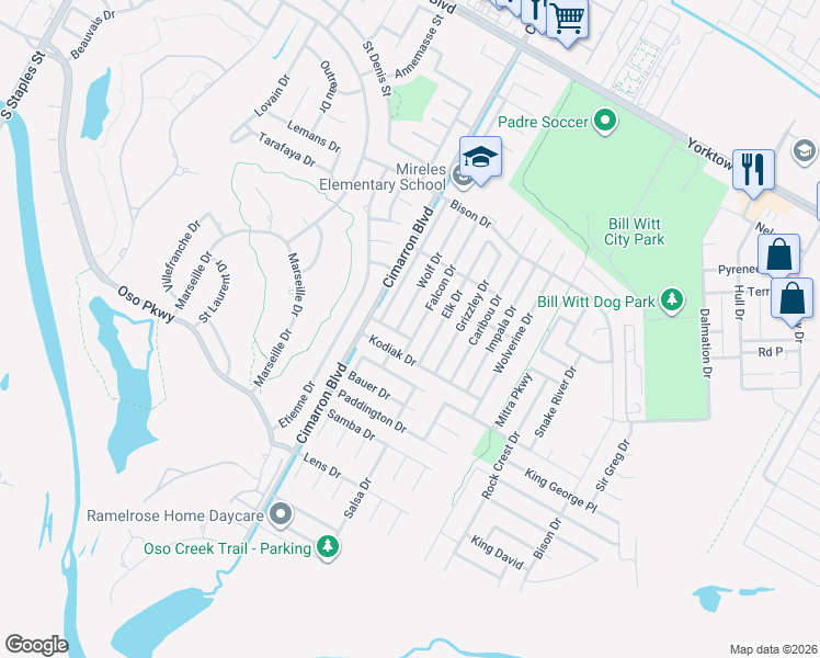 map of restaurants, bars, coffee shops, grocery stores, and more near 7945 Falcon Drive in Corpus Christi