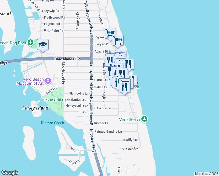 map of restaurants, bars, coffee shops, grocery stores, and more near 818 Dahlia Lane in Vero Beach