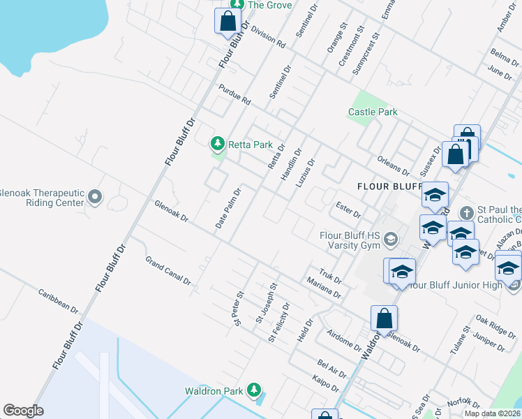 map of restaurants, bars, coffee shops, grocery stores, and more near 2521 Handlin Drive in Corpus Christi
