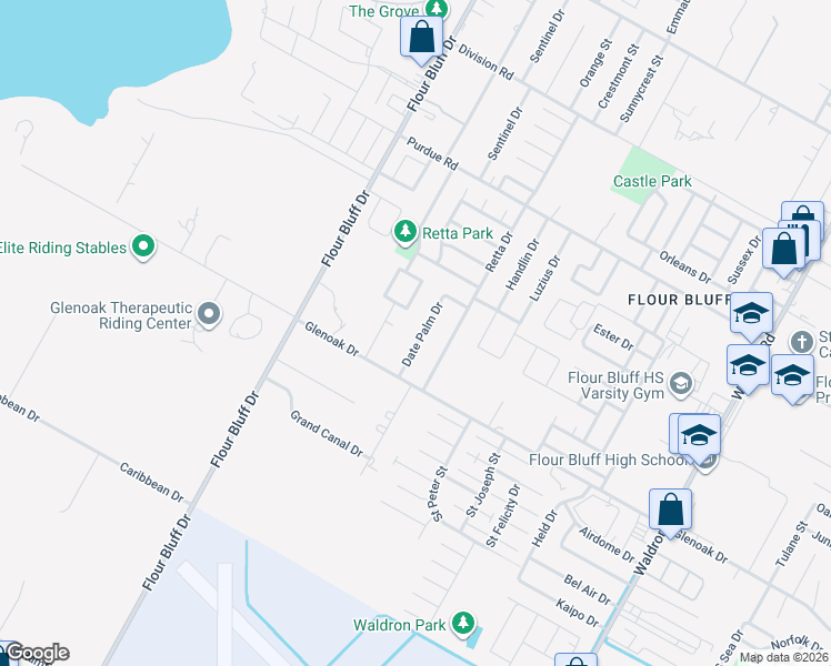 map of restaurants, bars, coffee shops, grocery stores, and more near 2602 Date Palm Drive in Corpus Christi