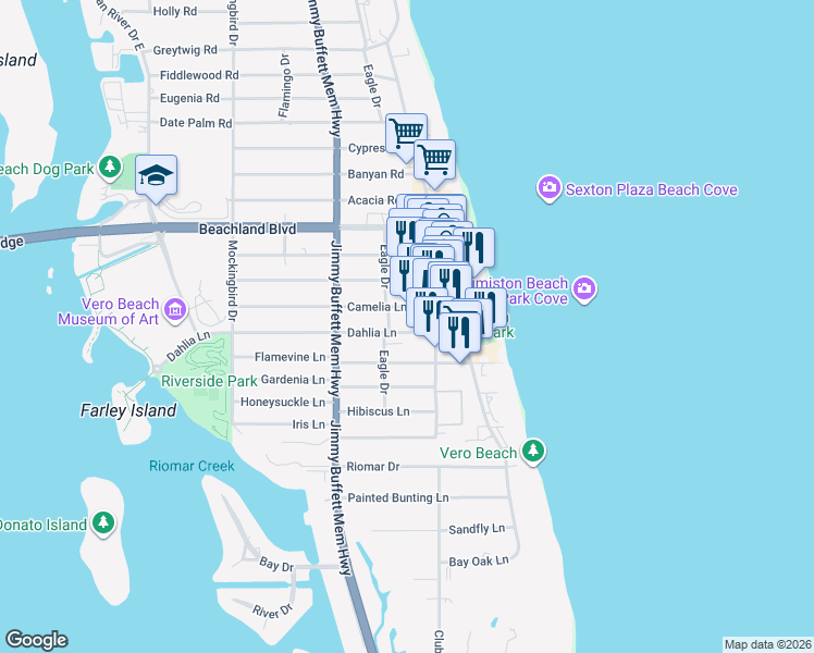 map of restaurants, bars, coffee shops, grocery stores, and more near 818 Dahlia Lane in Vero Beach