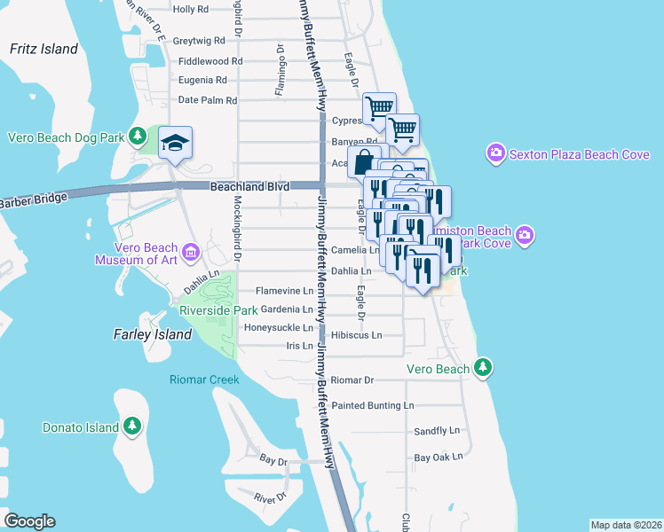 map of restaurants, bars, coffee shops, grocery stores, and more near in Vero Beach