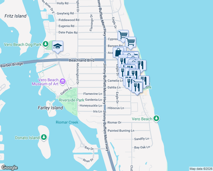 map of restaurants, bars, coffee shops, grocery stores, and more near in Vero Beach