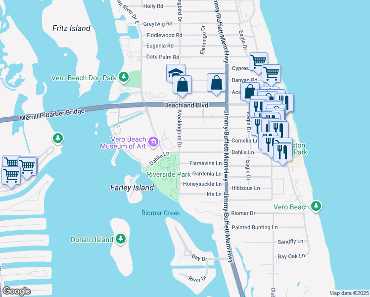 map of restaurants, bars, coffee shops, grocery stores, and more near 510 Dahlia Lane in Vero Beach