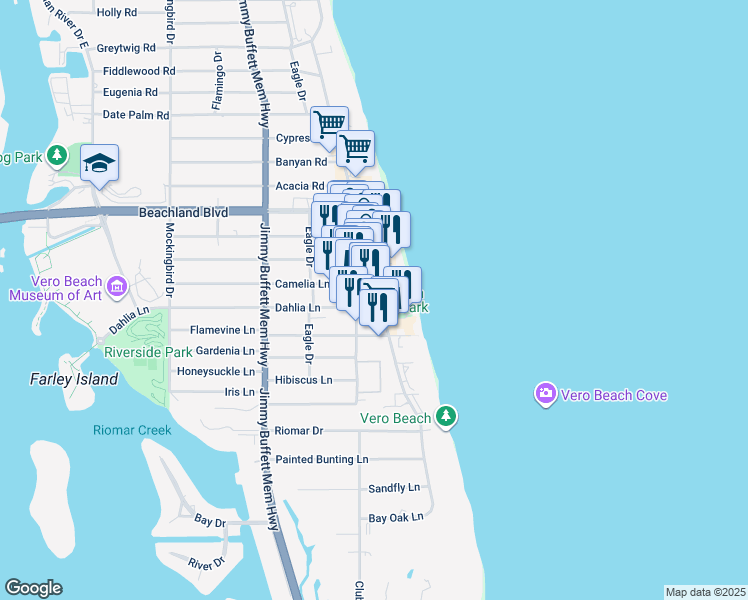 map of restaurants, bars, coffee shops, grocery stores, and more near 103 Ocean Drive in Vero Beach