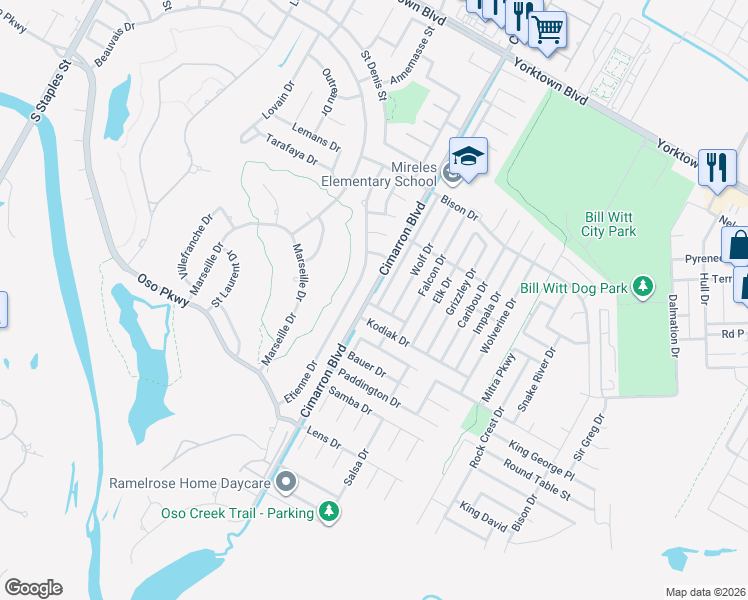 map of restaurants, bars, coffee shops, grocery stores, and more near 6502 Kodiak Drive in Corpus Christi