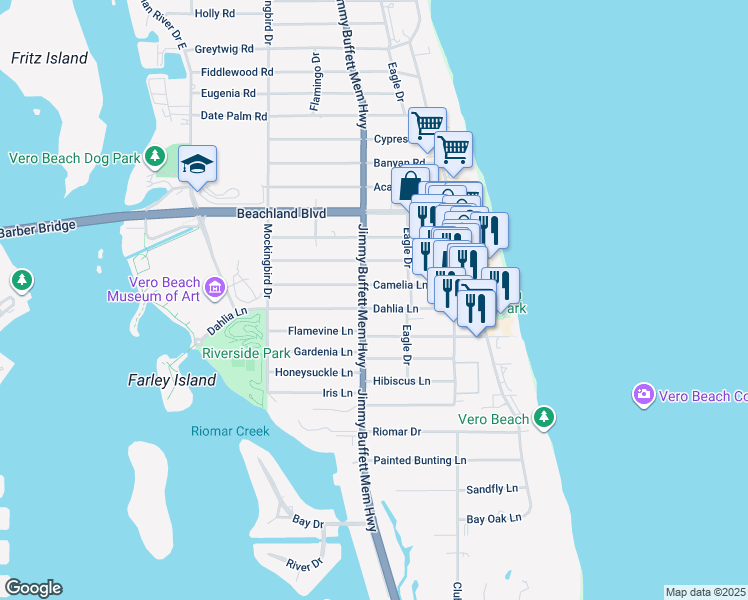 map of restaurants, bars, coffee shops, grocery stores, and more near in Vero Beach