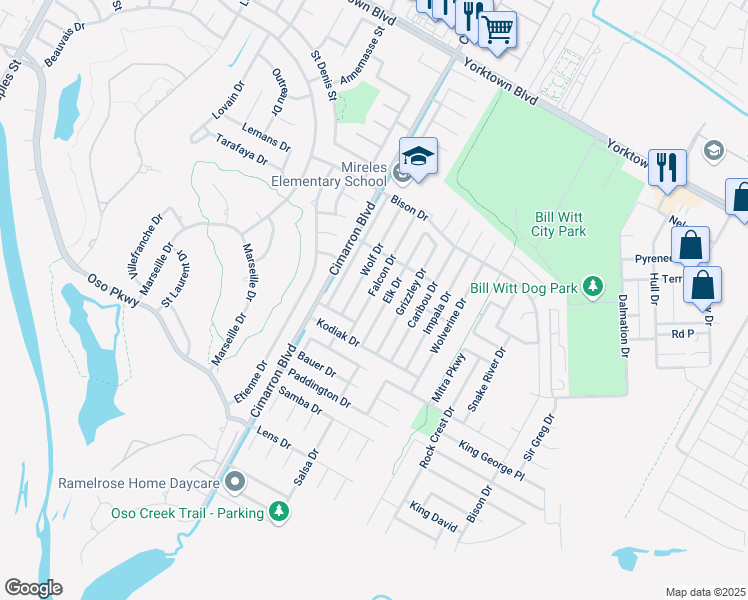 map of restaurants, bars, coffee shops, grocery stores, and more near 7922 Elk Drive in Corpus Christi