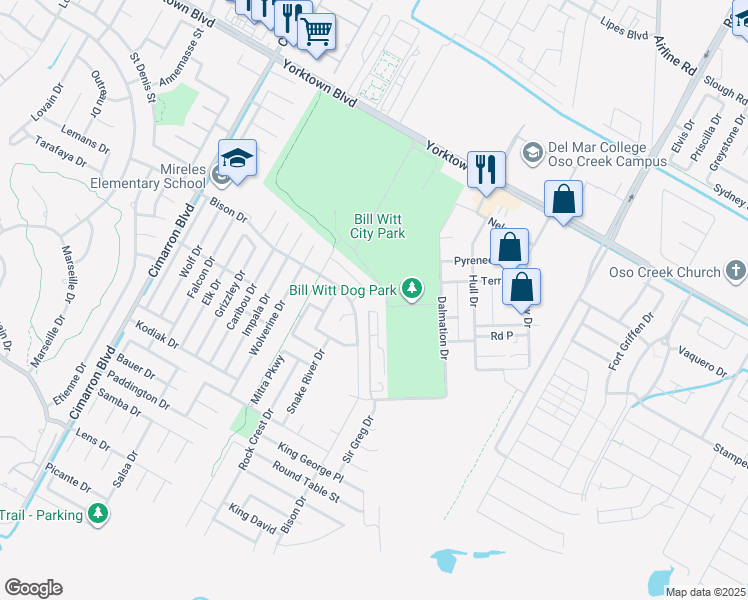 map of restaurants, bars, coffee shops, grocery stores, and more near 6802 Safety Steel Drive in Corpus Christi