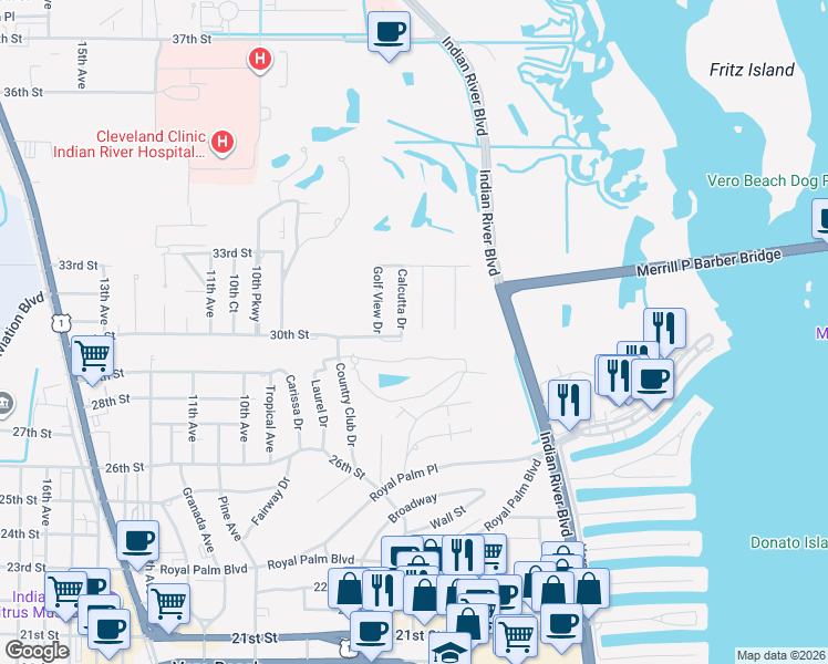 map of restaurants, bars, coffee shops, grocery stores, and more near 3000 Nassau Drive in Vero Beach