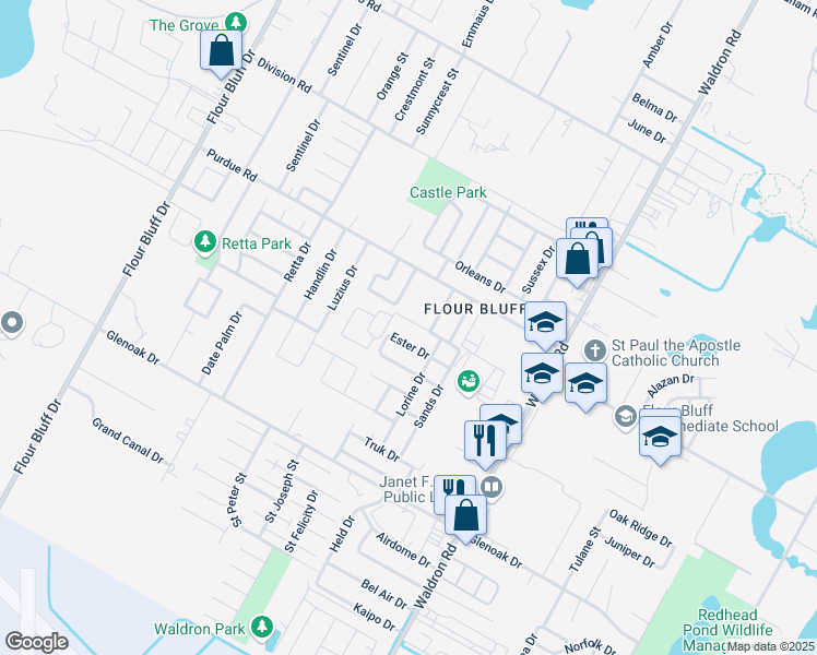 map of restaurants, bars, coffee shops, grocery stores, and more near 825 Ester Drive in Corpus Christi