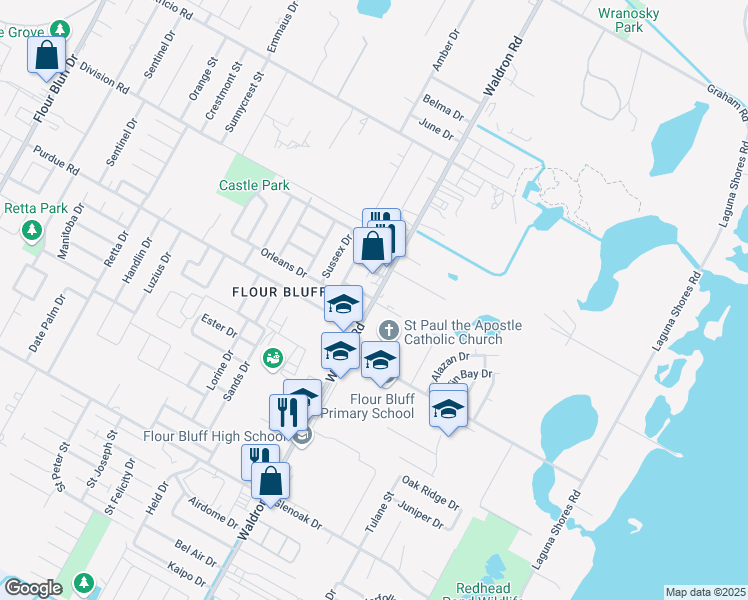map of restaurants, bars, coffee shops, grocery stores, and more near 2132 Waldron Road in Corpus Christi