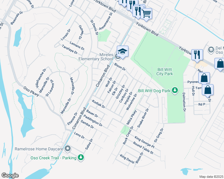map of restaurants, bars, coffee shops, grocery stores, and more near 7834 Falcon Drive in Corpus Christi