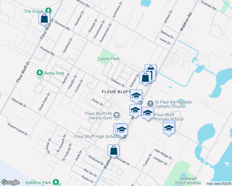 map of restaurants, bars, coffee shops, grocery stores, and more near 2301 Greer Drive in Corpus Christi