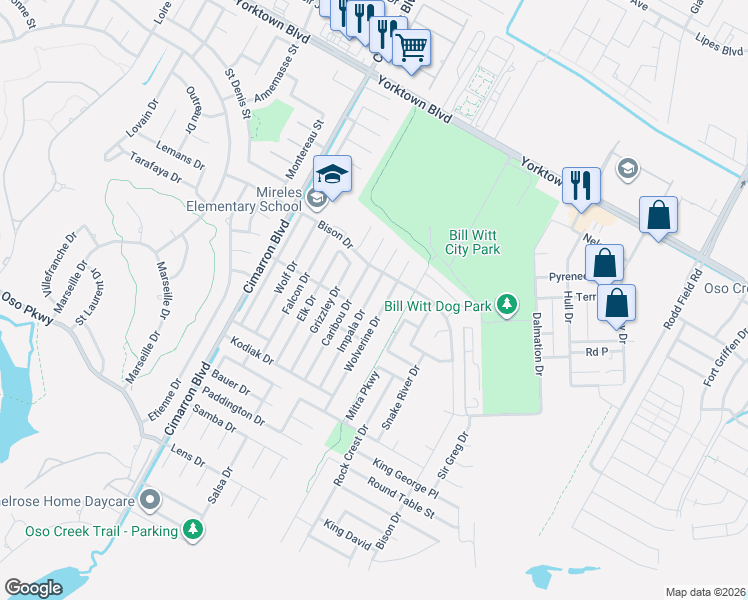 map of restaurants, bars, coffee shops, grocery stores, and more near 7721 Impala Drive in Corpus Christi