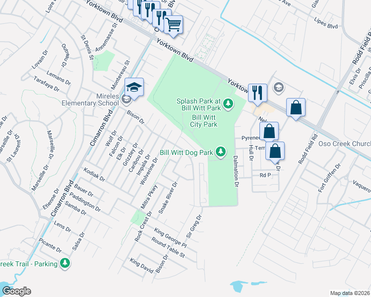 map of restaurants, bars, coffee shops, grocery stores, and more near 6822 Bison Drive in Corpus Christi