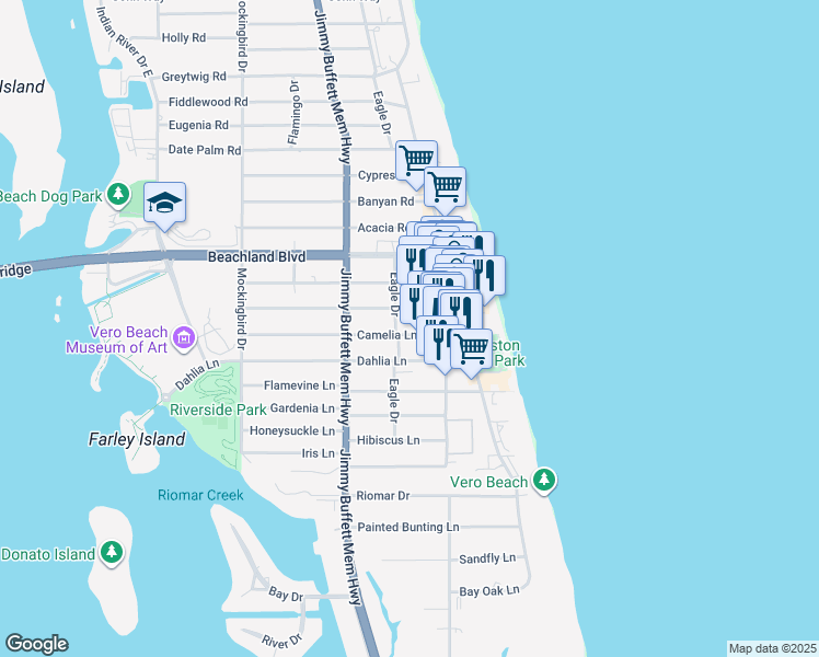 map of restaurants, bars, coffee shops, grocery stores, and more near 829 Camelia Lane in Vero Beach