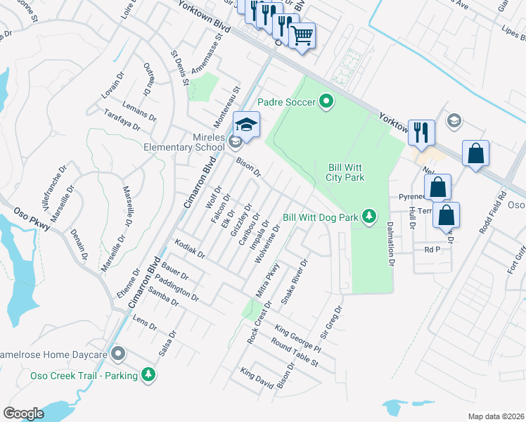 map of restaurants, bars, coffee shops, grocery stores, and more near 7721 Impala Drive in Corpus Christi