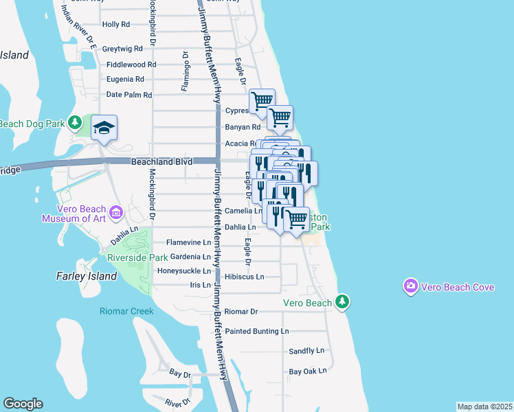 map of restaurants, bars, coffee shops, grocery stores, and more near 829 Camelia Lane in Vero Beach
