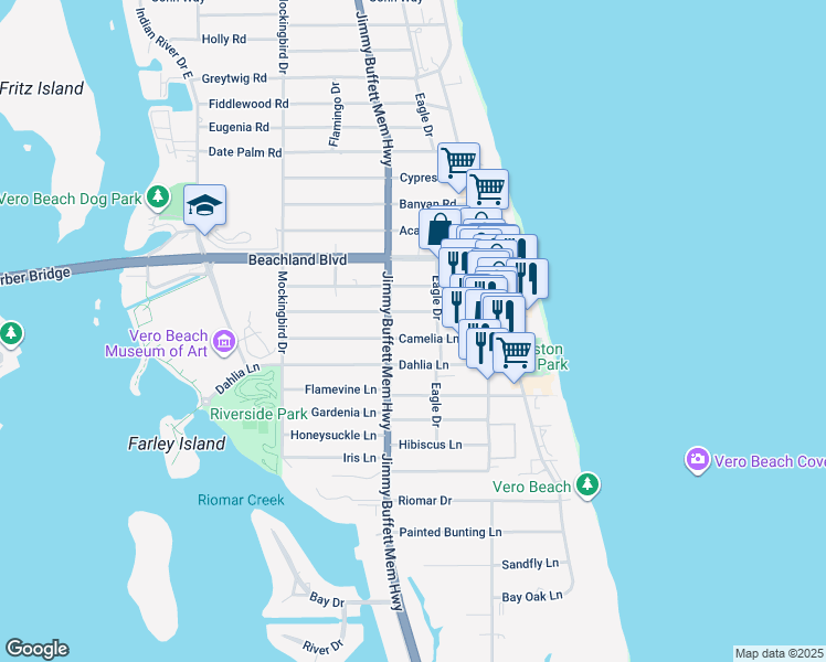 map of restaurants, bars, coffee shops, grocery stores, and more near 765 Camelia Lane in Vero Beach