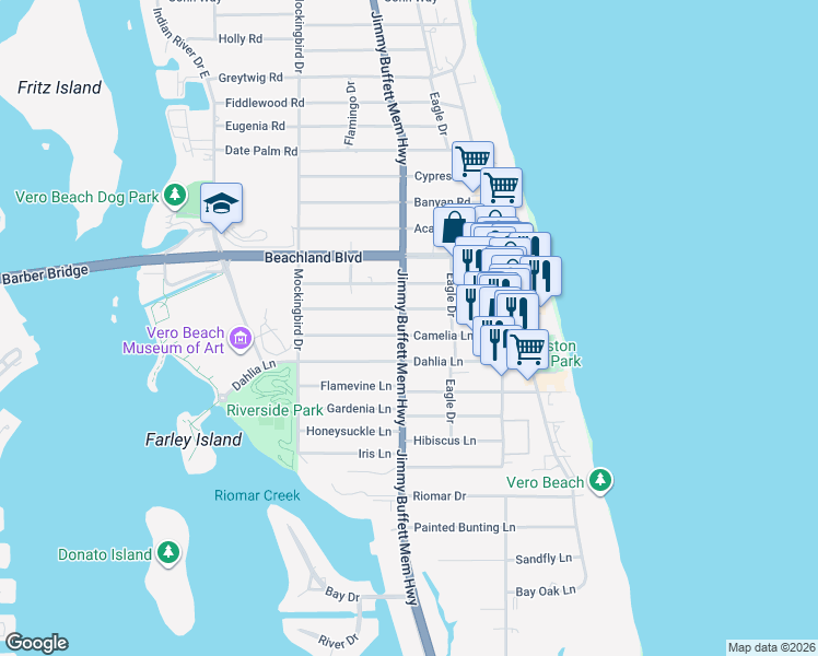 map of restaurants, bars, coffee shops, grocery stores, and more near 765 Camelia Lane in Vero Beach