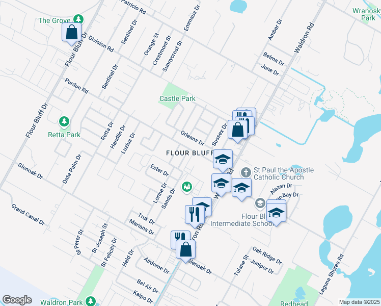 map of restaurants, bars, coffee shops, grocery stores, and more near 2301 Greer Drive in Corpus Christi