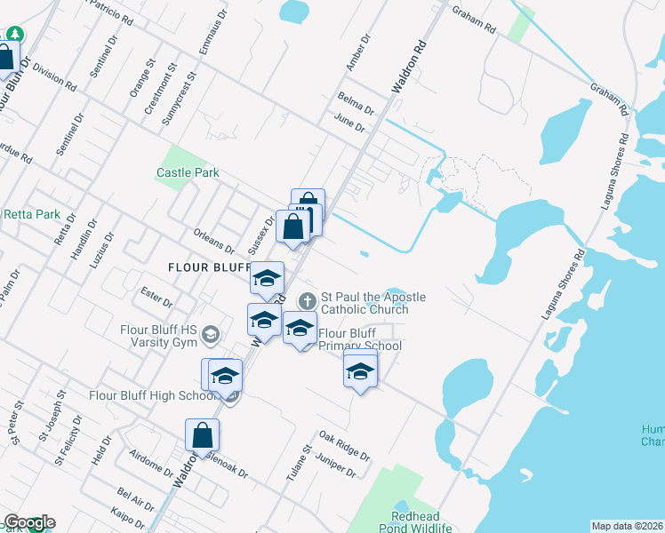 map of restaurants, bars, coffee shops, grocery stores, and more near 522 Pearson Street in Corpus Christi