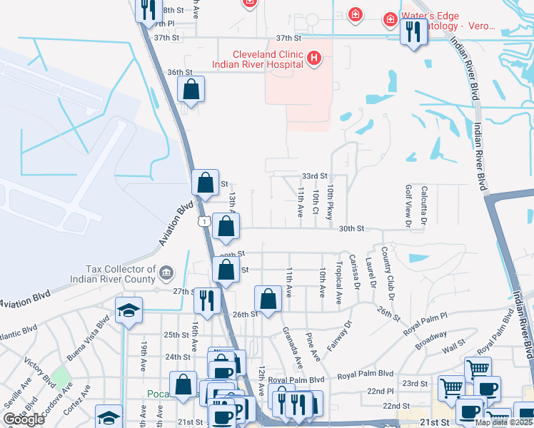 map of restaurants, bars, coffee shops, grocery stores, and more near 3115 11th Terrace in Vero Beach