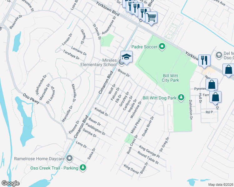 map of restaurants, bars, coffee shops, grocery stores, and more near 7834 Falcon Drive in Corpus Christi