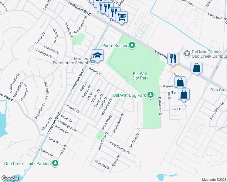 map of restaurants, bars, coffee shops, grocery stores, and more near 7721 Impala Drive in Corpus Christi