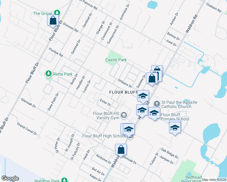 map of restaurants, bars, coffee shops, grocery stores, and more near 2314 Ollie Drive in Corpus Christi