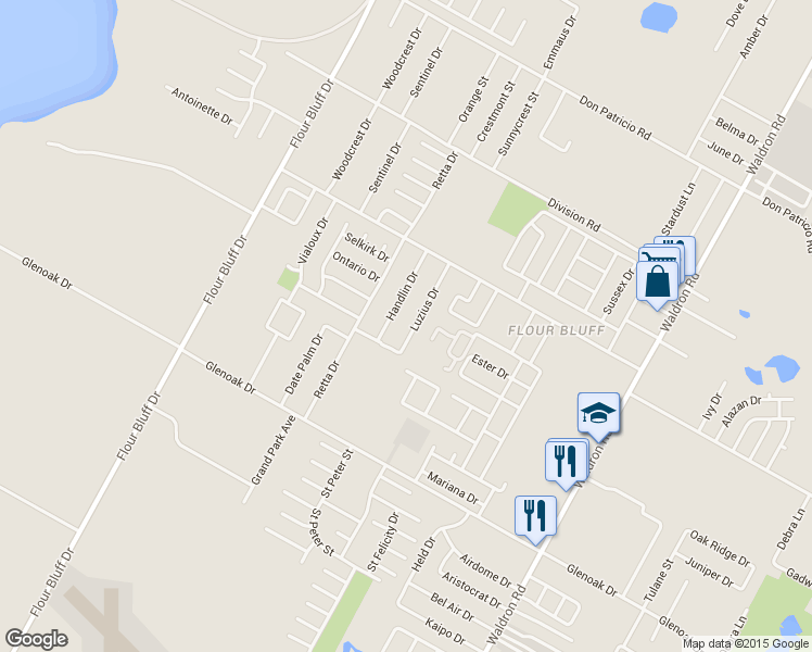 map of restaurants, bars, coffee shops, grocery stores, and more near 2422 Luzius Drive in Corpus Christi