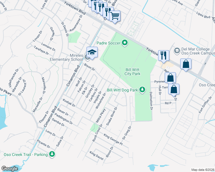 map of restaurants, bars, coffee shops, grocery stores, and more near 7721 Impala Drive in Corpus Christi