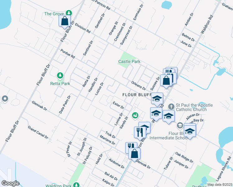 map of restaurants, bars, coffee shops, grocery stores, and more near 2329 Kazimir Drive in Corpus Christi