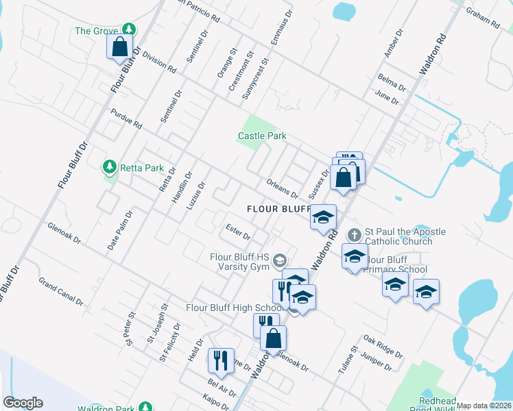 map of restaurants, bars, coffee shops, grocery stores, and more near 2314 Ollie Drive in Corpus Christi
