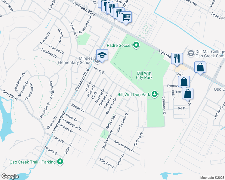 map of restaurants, bars, coffee shops, grocery stores, and more near 7721 Impala Drive in Corpus Christi
