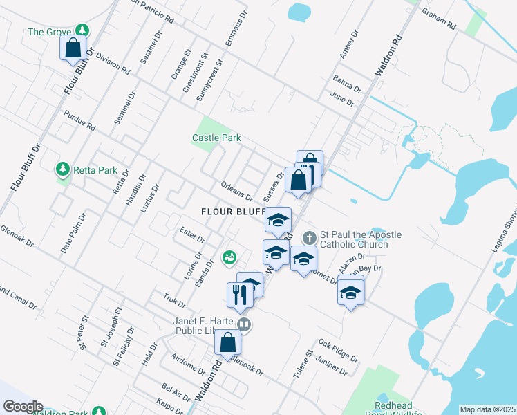 map of restaurants, bars, coffee shops, grocery stores, and more near 717 Orleans Drive in Corpus Christi