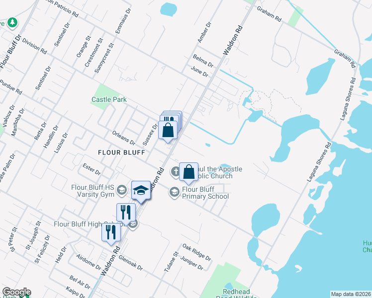 map of restaurants, bars, coffee shops, grocery stores, and more near 522 Pearson Street in Corpus Christi