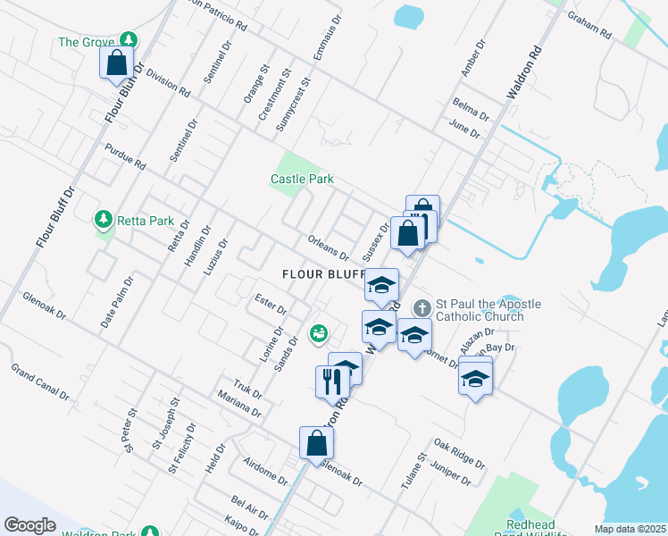 map of restaurants, bars, coffee shops, grocery stores, and more near 742 Purdue Road in Corpus Christi