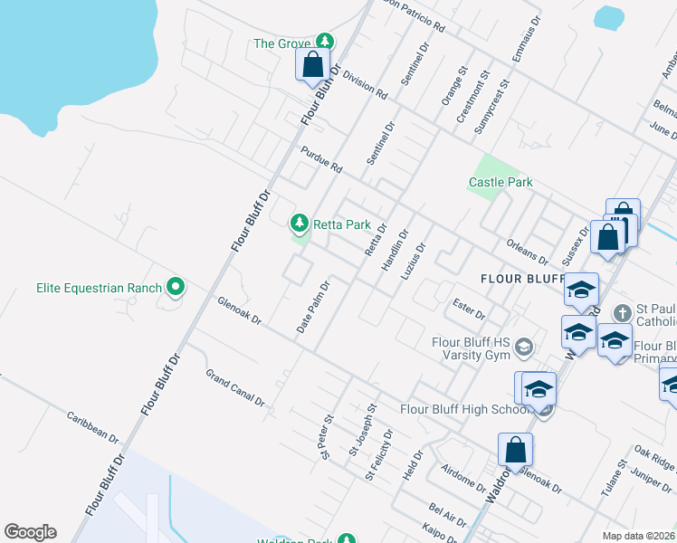 map of restaurants, bars, coffee shops, grocery stores, and more near 2518 Date Palm Drive in Corpus Christi