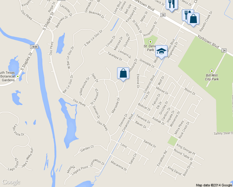 map of restaurants, bars, coffee shops, grocery stores, and more near 8129 Marseille Dr in Corpus Christi