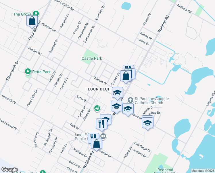 map of restaurants, bars, coffee shops, grocery stores, and more near 717 Orleans Drive in Corpus Christi