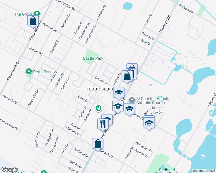 map of restaurants, bars, coffee shops, grocery stores, and more near 717 Orleans Drive in Corpus Christi