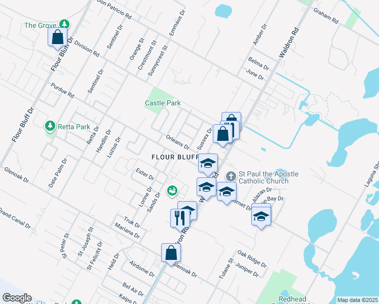 map of restaurants, bars, coffee shops, grocery stores, and more near 717 Orleans Drive in Corpus Christi